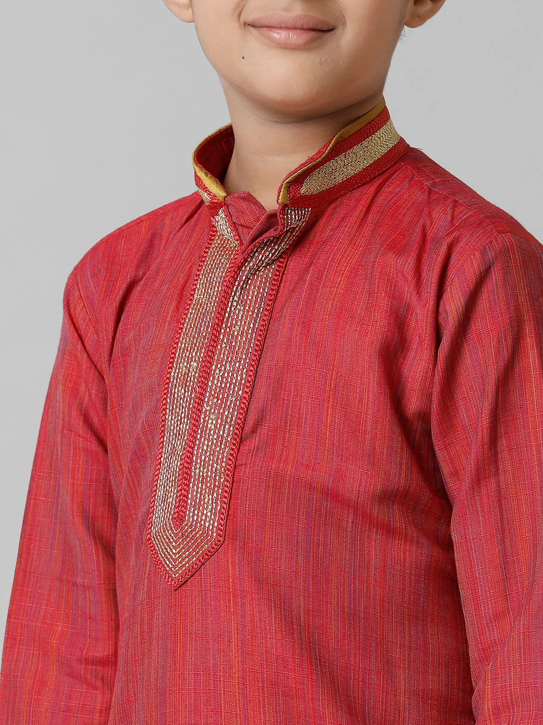 Boys Emerald Cotton Red Kurta with Cream Readymade Art Silk Panchakacham Combo EMD4