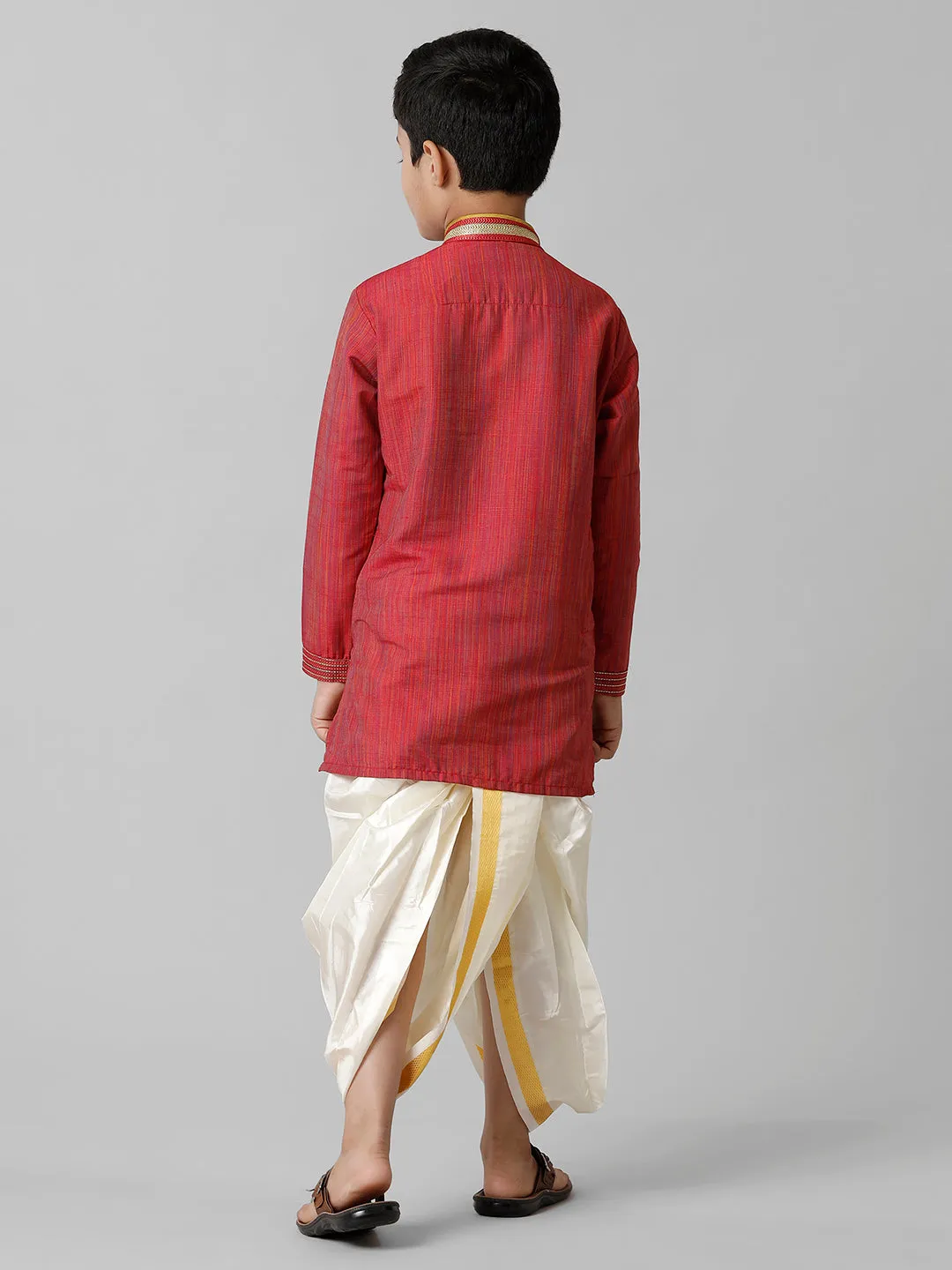Boys Emerald Cotton Red Kurta with Cream Readymade Art Silk Panchakacham Combo EMD4