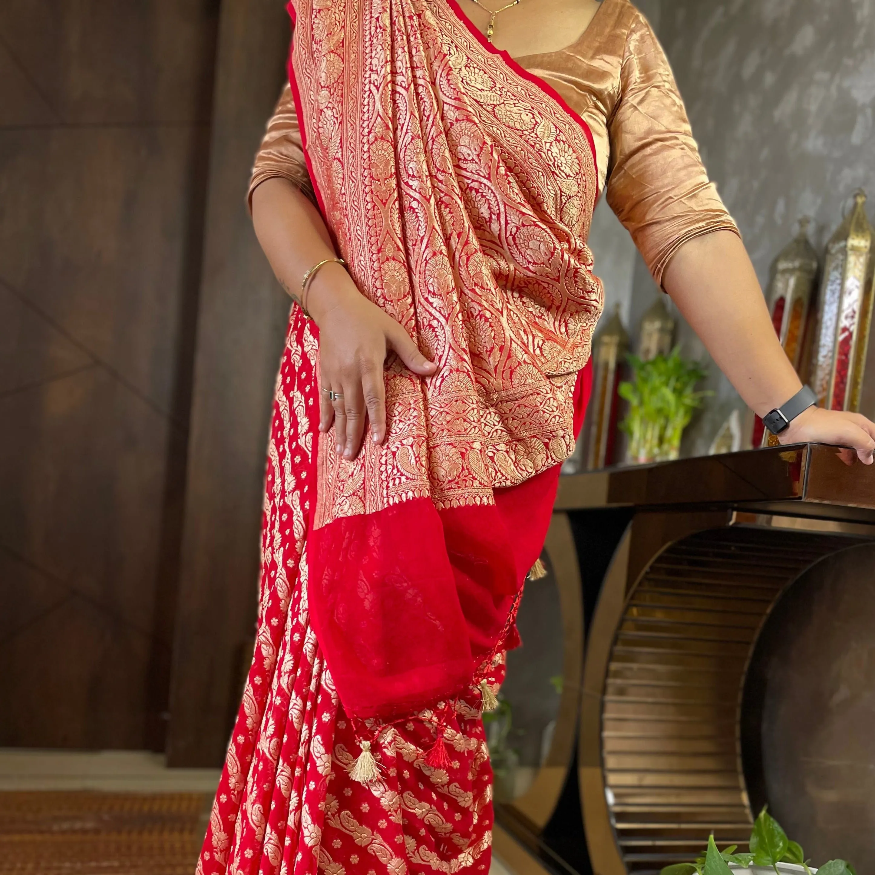 Bridal Red Zari Jaal Banarasi Khaddi Saree