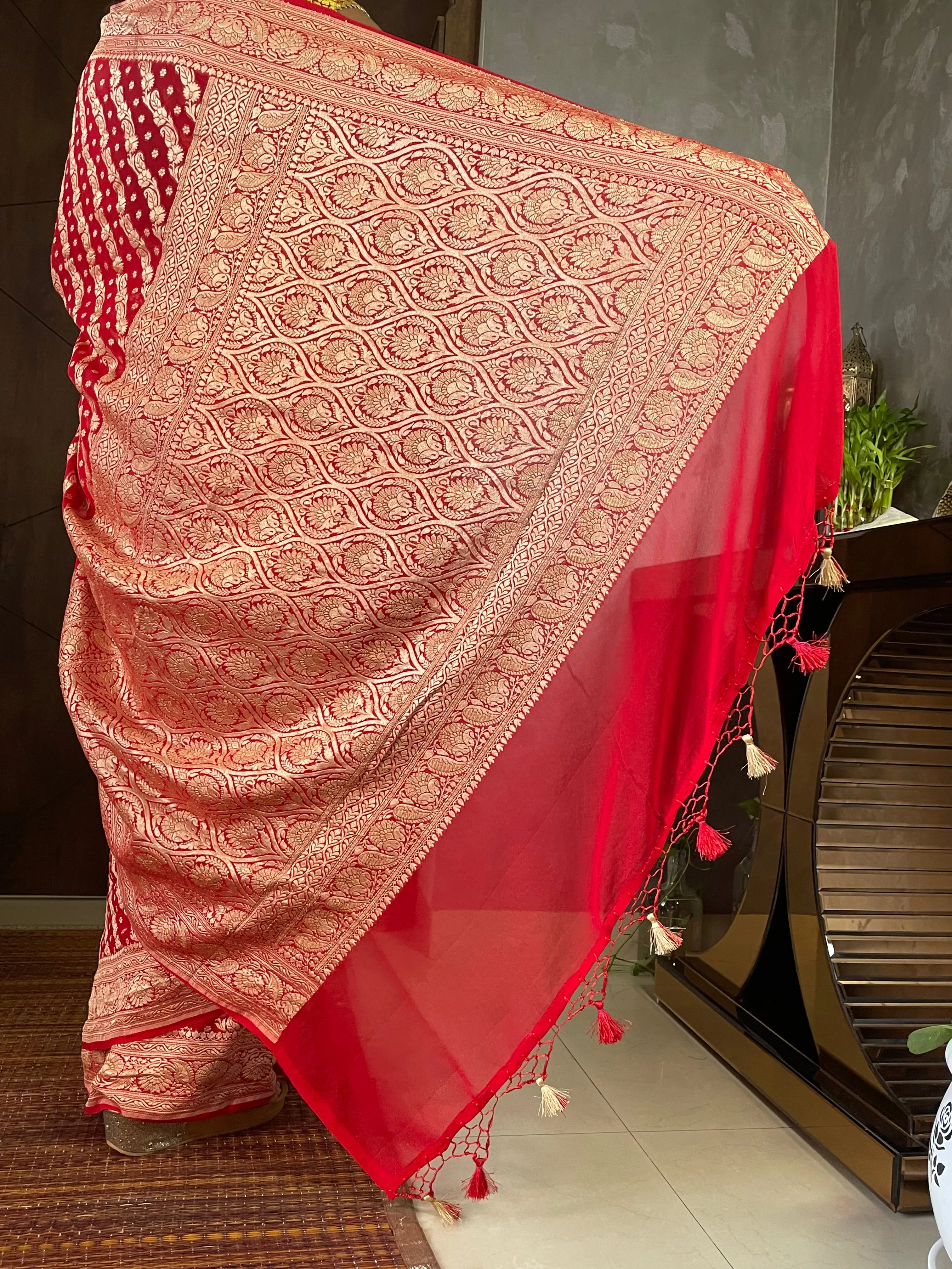 Bridal Red Zari Jaal Banarasi Khaddi Saree