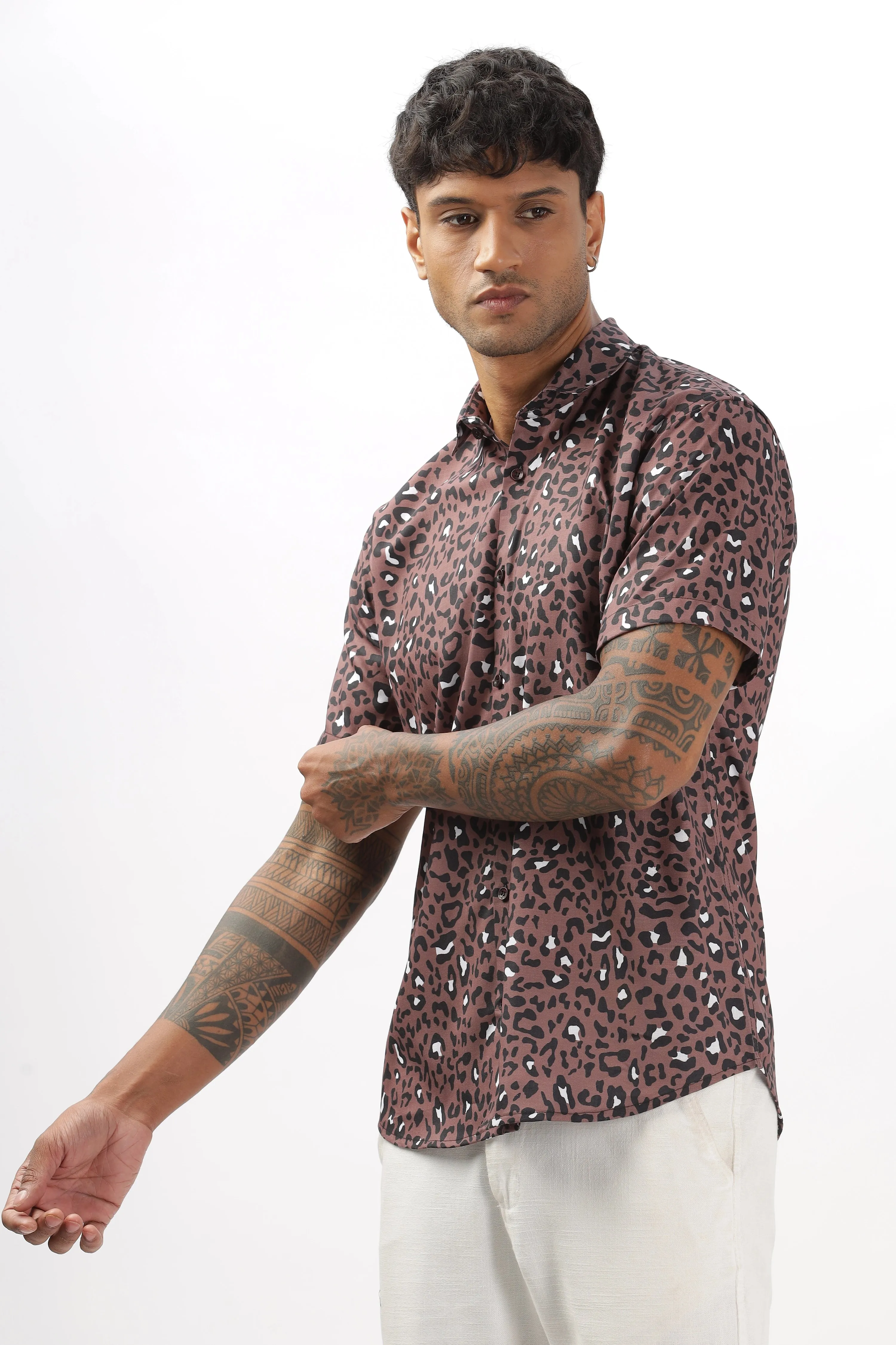 Brown leopard printed half sleeve shirt