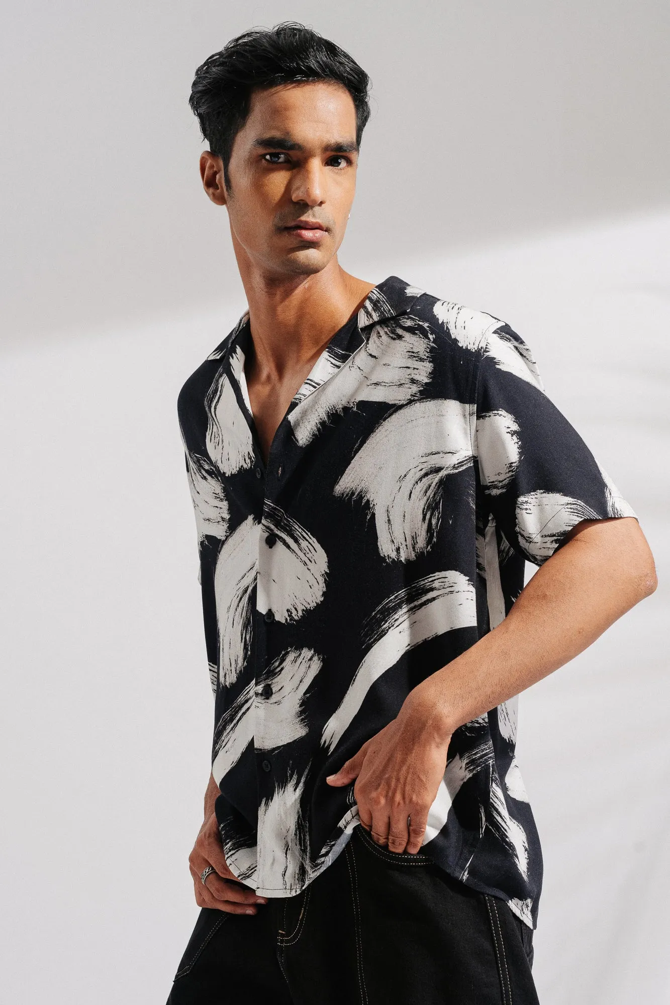Mens Printed Brush Stroke Viscose Shirt