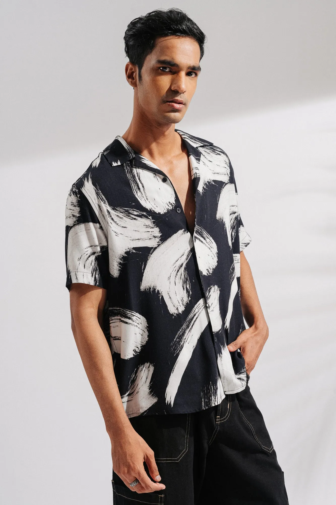 Mens Printed Brush Stroke Viscose Shirt