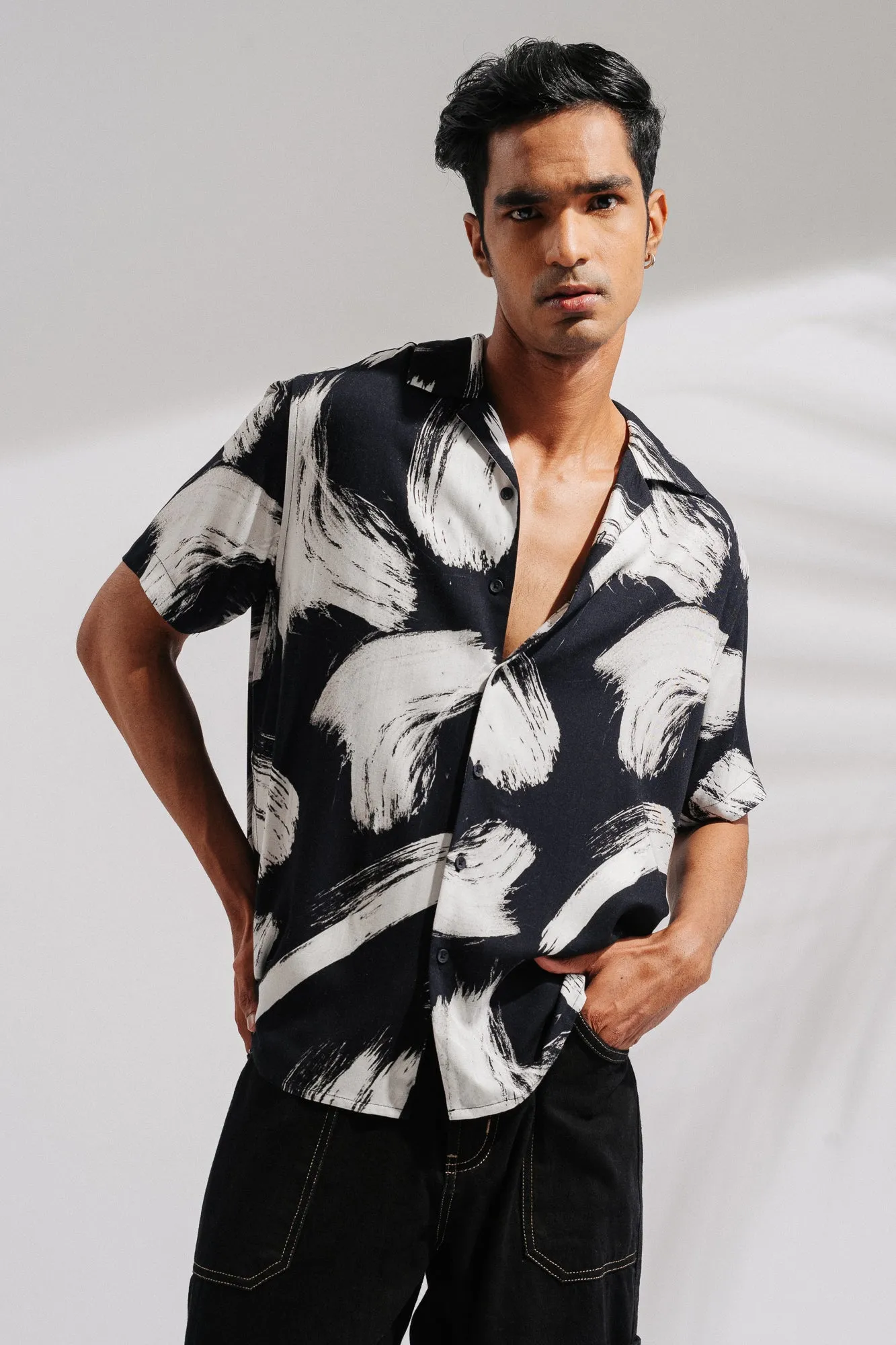 Mens Printed Brush Stroke Viscose Shirt