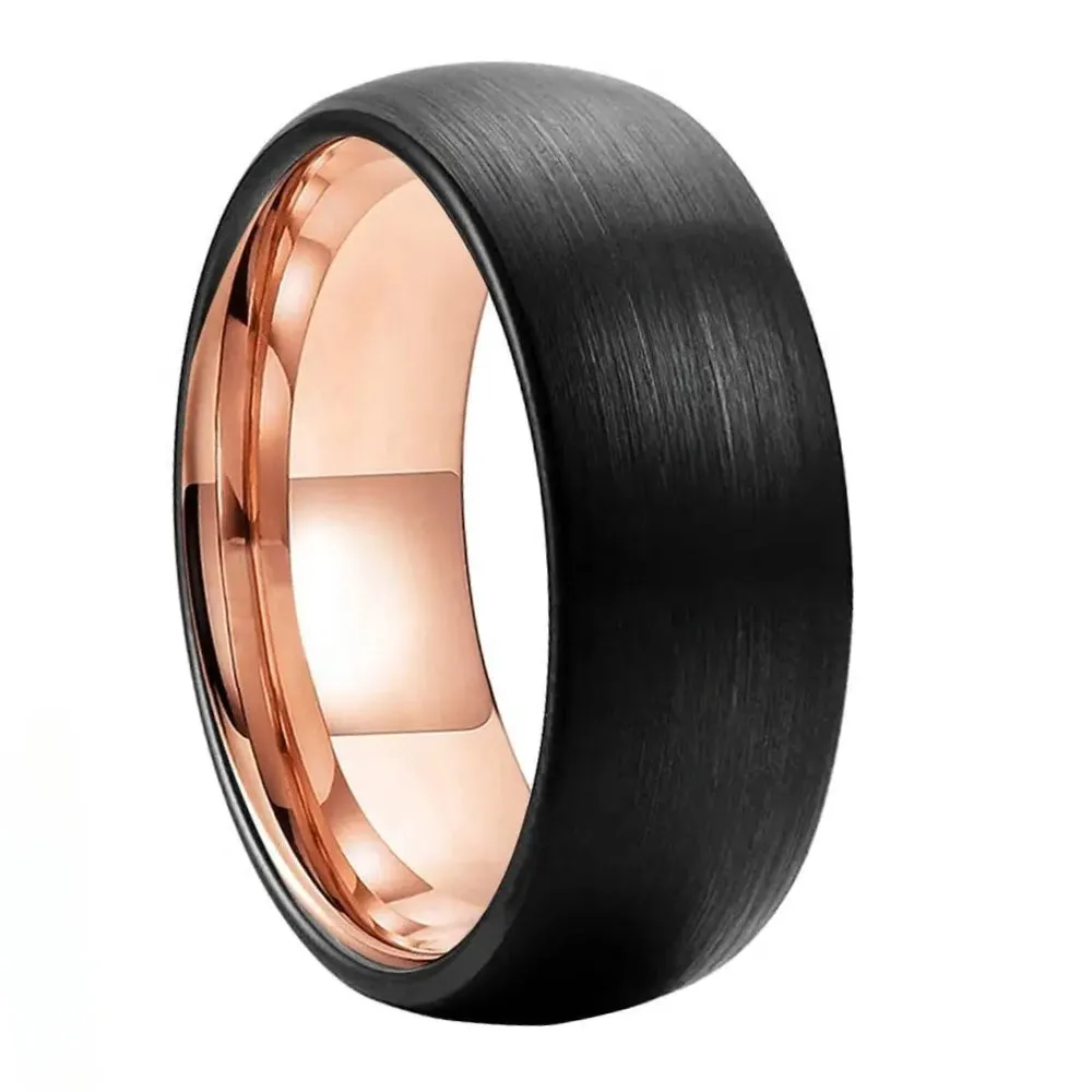 Brushed Black Domed Tungsten Wedding Ring with Rose Gold Inner Finish (8mm)
