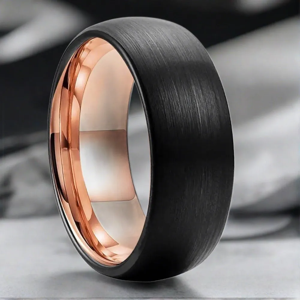Brushed Black Domed Tungsten Wedding Ring with Rose Gold Inner Finish (8mm)
