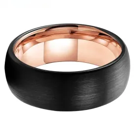 Brushed Black Domed Tungsten Wedding Ring with Rose Gold Inner Finish (8mm)