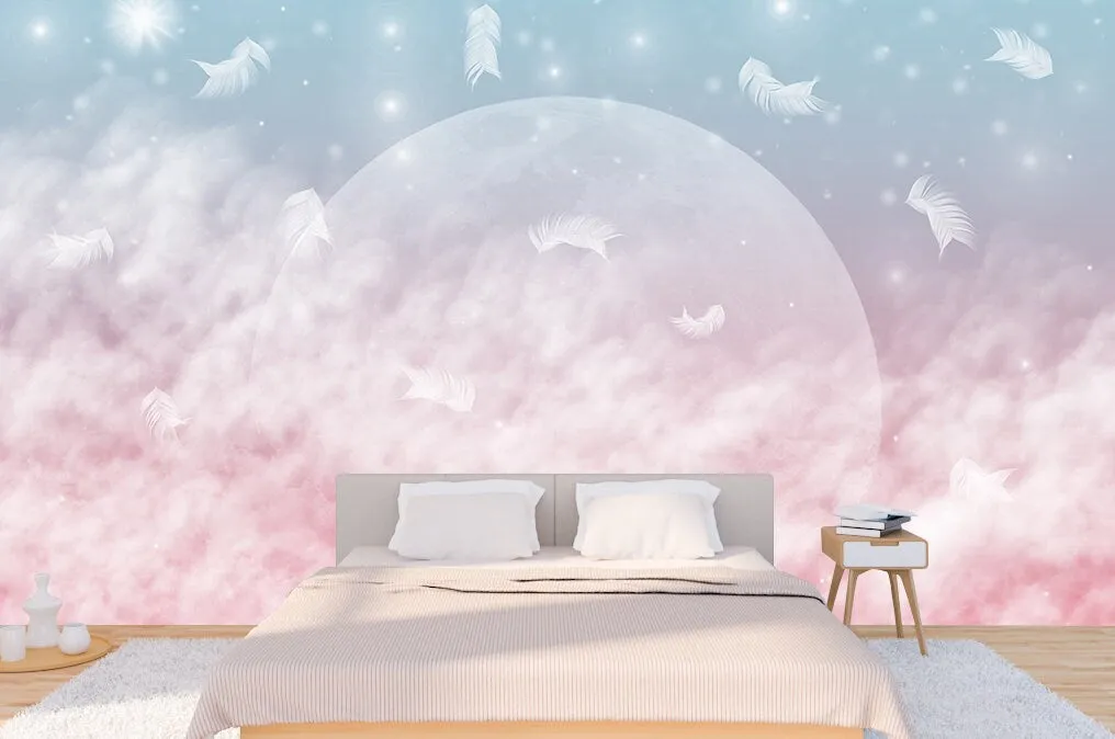 Clouds moon wallpaper for nursery,  girls room wallpaper, feather wallpaper peel and stick wall mural, canvas, vinyl wallpaper