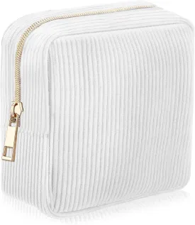 Corduroy Small Makeup Bag for Purse Solid Color Mini Makeup Zipper Pouch Travel Cosmetic Bag Coin Purse Cute Preppy Waterproof Portable Toiletry Storage Pouch Bag for Girl Women (White)