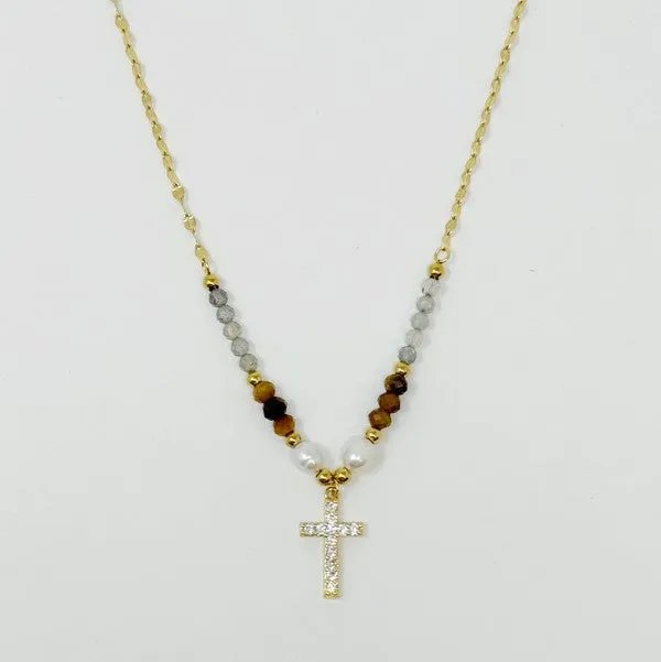 Cross Pendant Stone Bead Necklace
