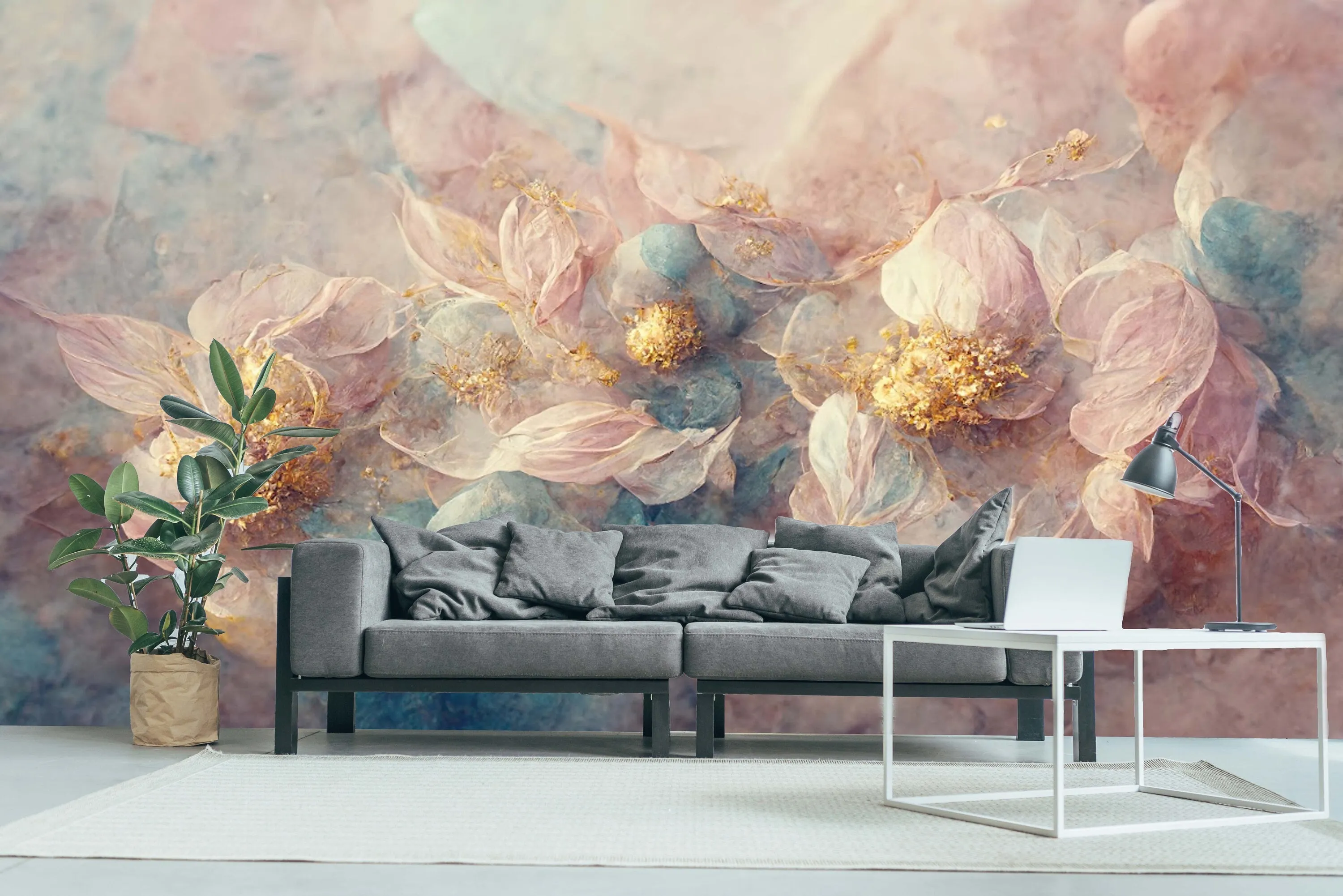 Extra large pink blue wallpaper, self adhesive abstract wall mural, accentual floral peel and stick wallpaper, removable girl bedroom mural