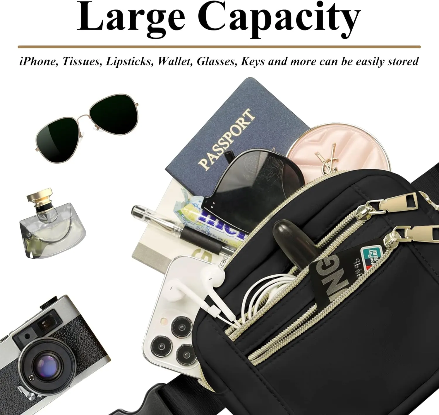Fanny Pack for Women Men, Capolo Mini Belt Bag Crossbody Waist Bags with Adjustable Strap Fashion Waist Pack Waterproof for Travel Workout Running Cycling Hiking, Black