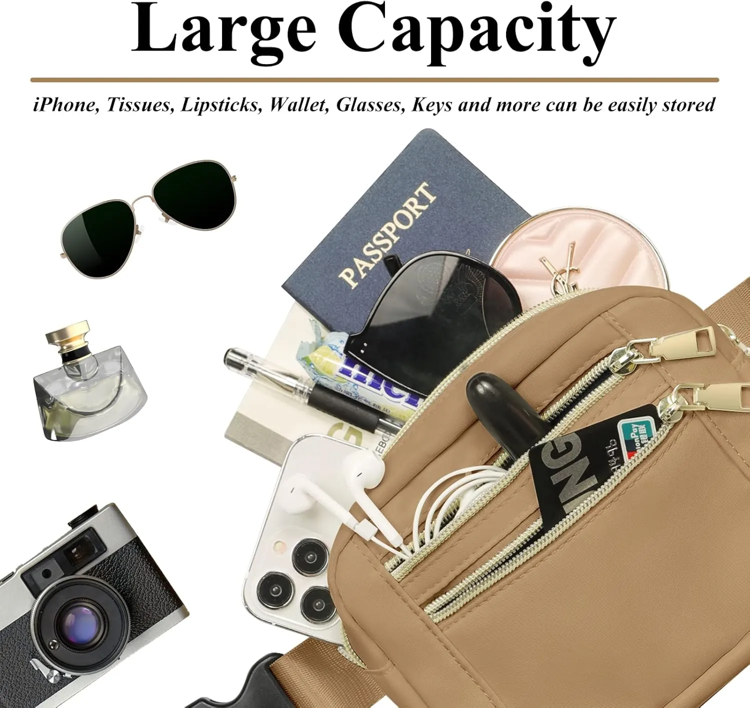 Fanny Pack for Women Men, Capolo Mini Belt Bag Crossbody Waist Bags with Adjustable Strap Fashion Waist Pack Waterproof for Travel Workout Running Cycling Hiking, Khaki