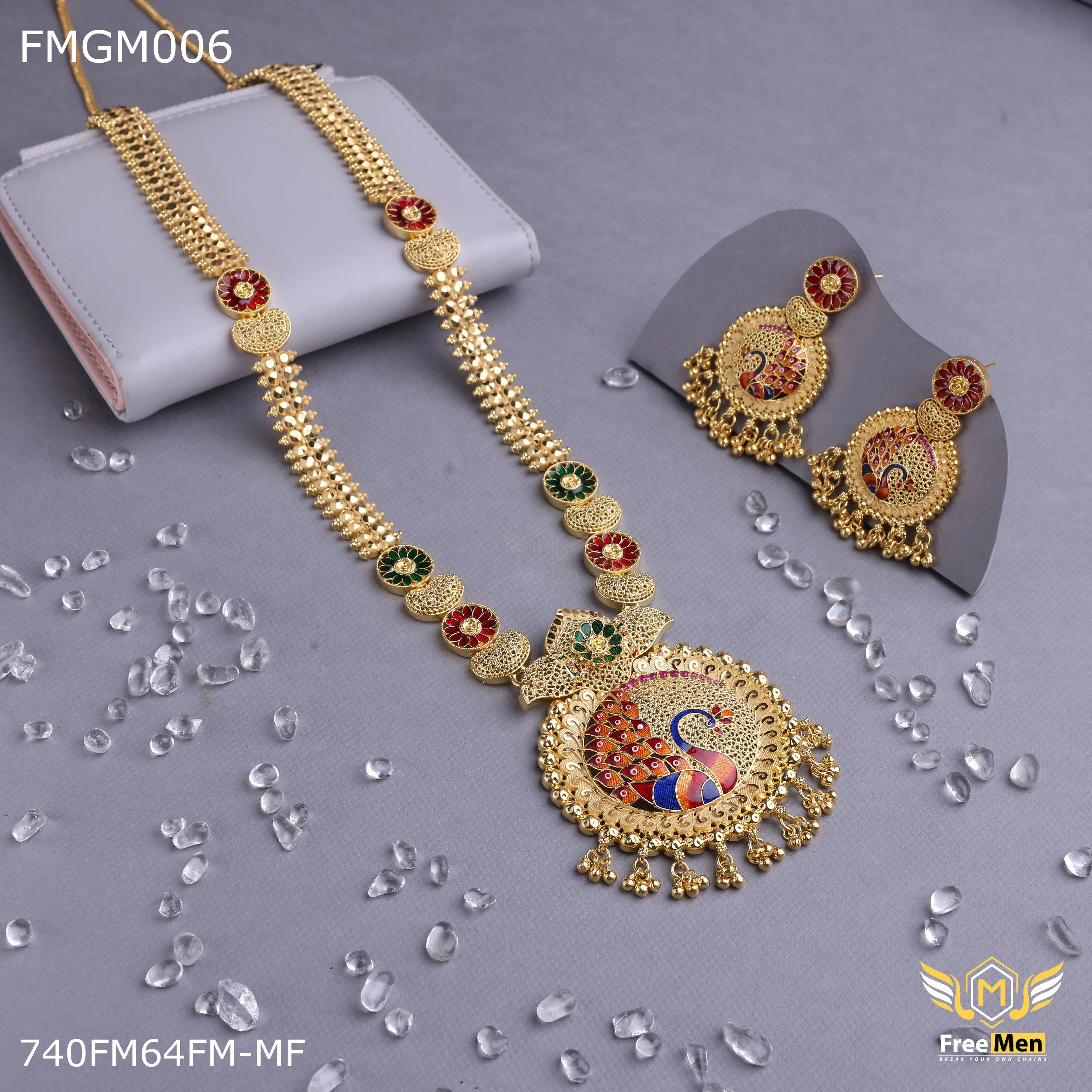 Freemen 1GM Mor design heavy kalkatti long set gold forming design with earring for women - FWGC006