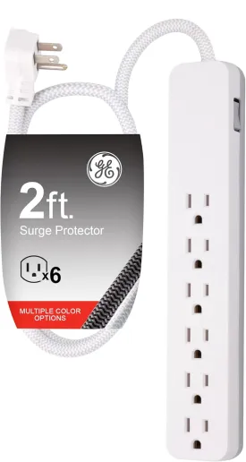 GE UltraPro 6-Outlet Surge Protector, 2 Ft Designer Braided Extension Cord, 560 Joules, Flat Plug, Wall Mount, UL Listed, White, 45264