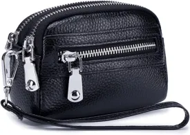 Genuine Leather Mini Wristlet Wallet for Women, 3 Zipped Coin Purse Small Pouch with Wristlet Strap (Black)