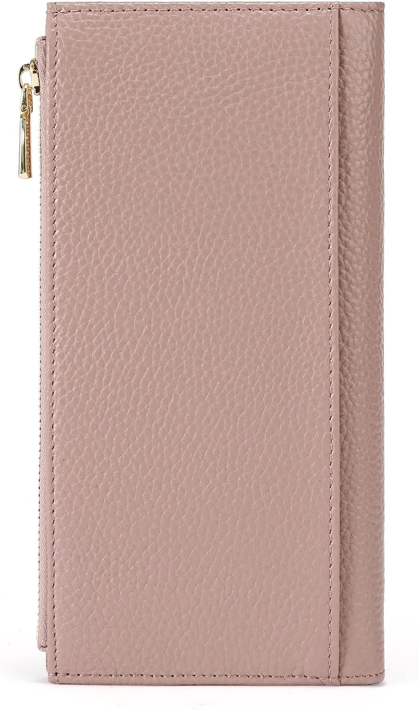 GOIACII Slim Wallet for Women Rfid Blocking Credit Card Holder with Zip Pocket Bifold Leather Pink