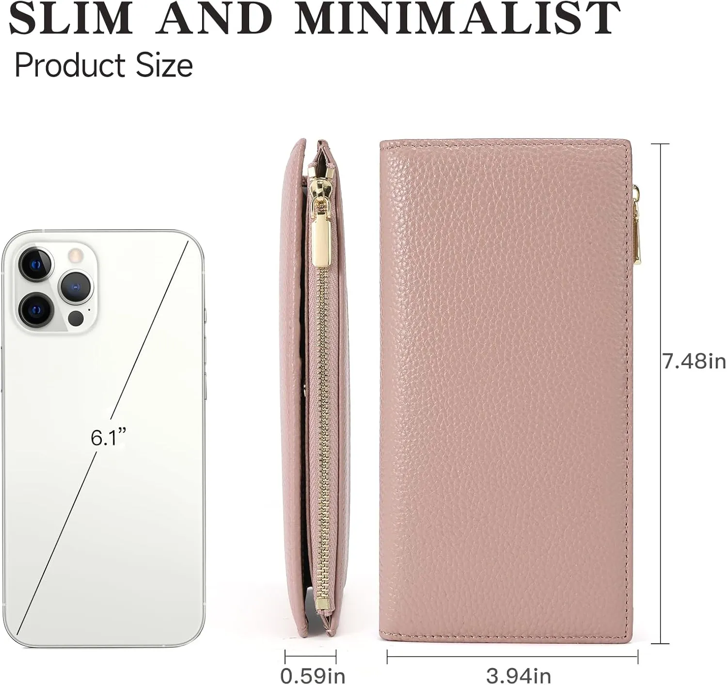 GOIACII Slim Wallet for Women Rfid Blocking Credit Card Holder with Zip Pocket Bifold Leather Pink