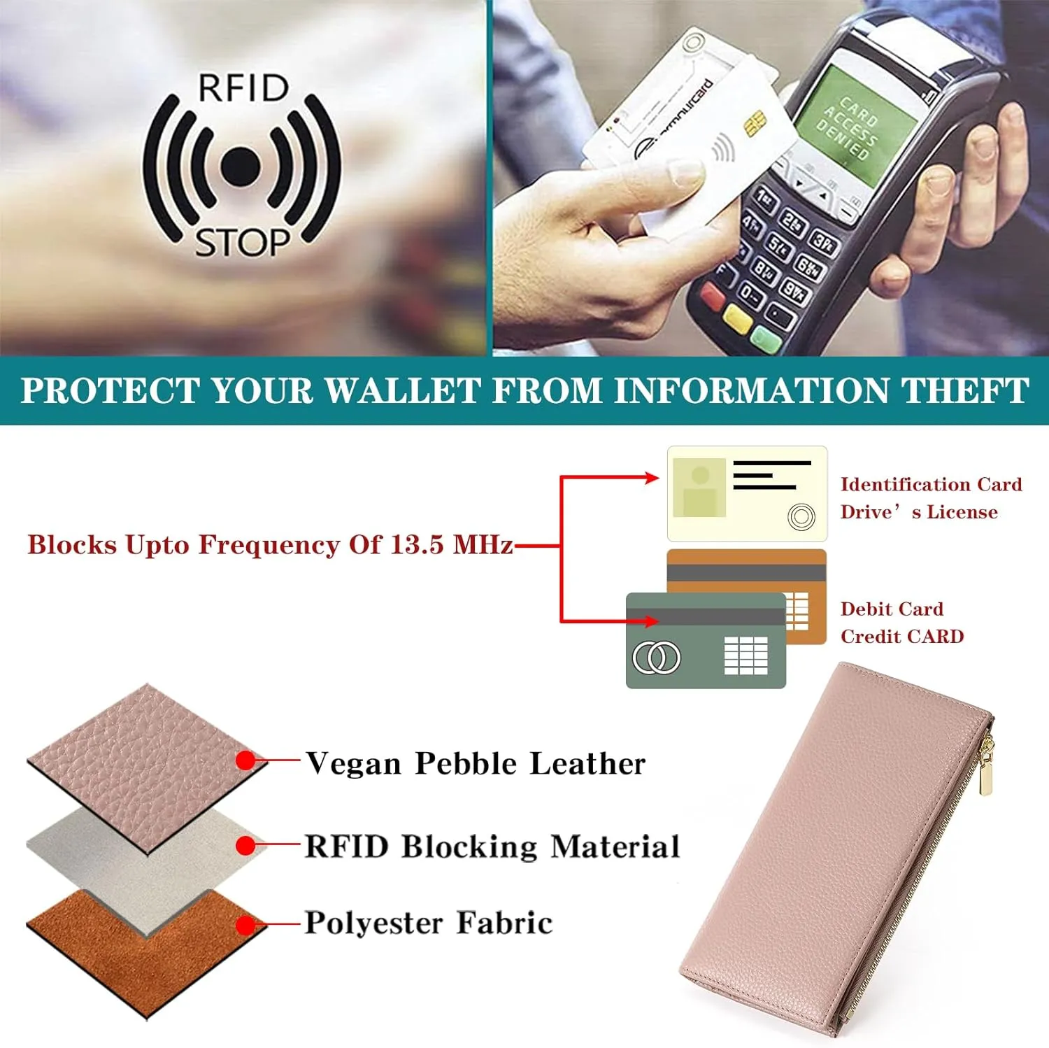 GOIACII Slim Wallet for Women Rfid Blocking Credit Card Holder with Zip Pocket Bifold Leather Pink