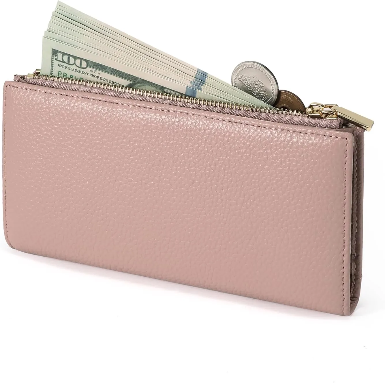 GOIACII Slim Wallet for Women Rfid Blocking Credit Card Holder with Zip Pocket Bifold Leather Pink