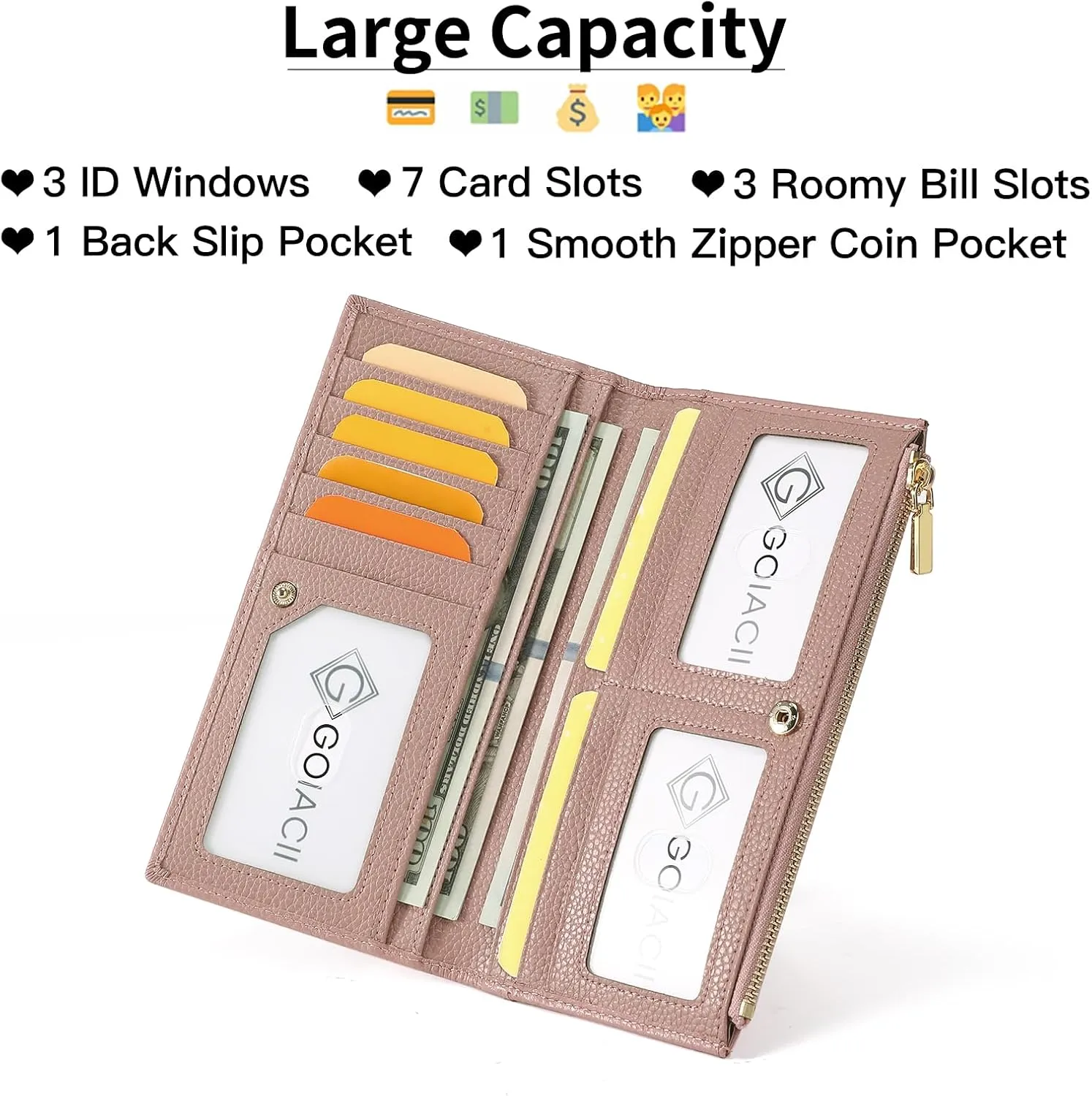 GOIACII Slim Wallet for Women Rfid Blocking Credit Card Holder with Zip Pocket Bifold Leather Pink