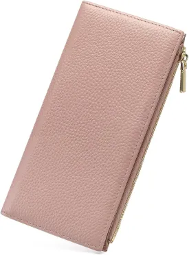 GOIACII Slim Wallet for Women Rfid Blocking Credit Card Holder with Zip Pocket Bifold Leather Pink