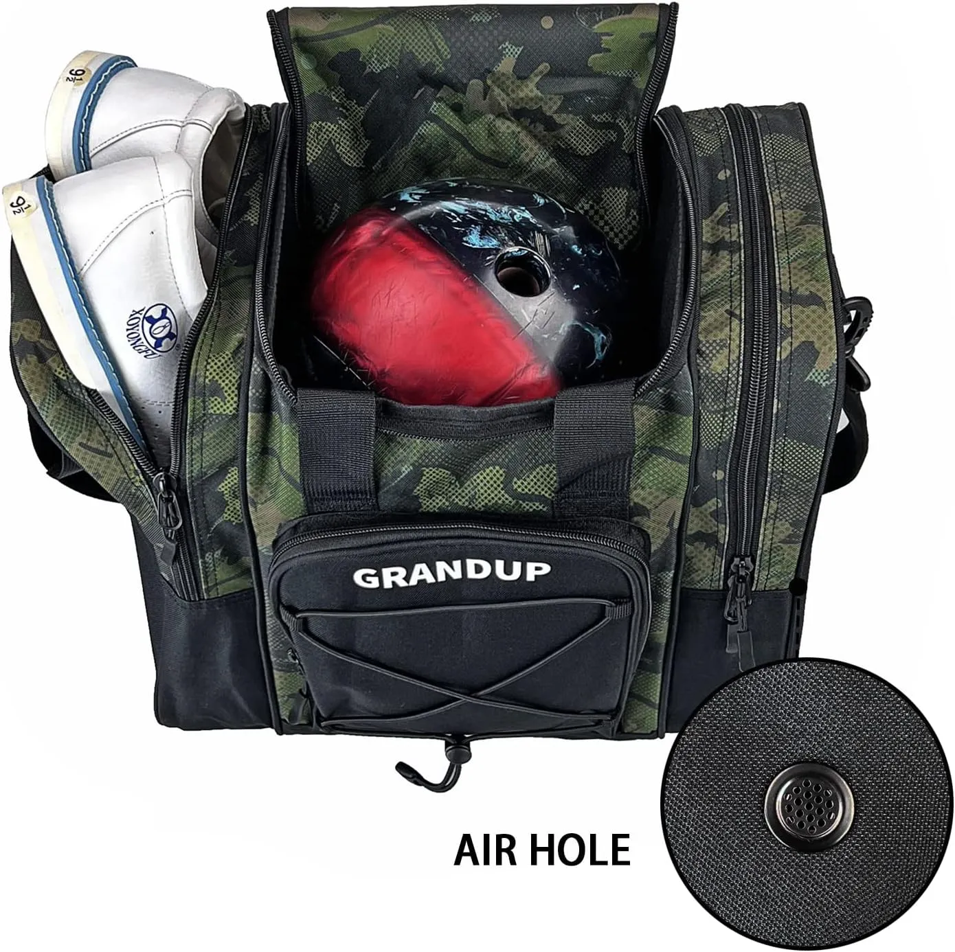 GRANDUP Bowling Ball Bag for Single Ball - Black Bowling accessories Ball Tote Bag Bowling Bag with Padded Ball Holder - Fits Bowling Shoes Up to Mens Size 14