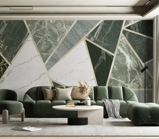 Green marble wallpaper peel and stick wall mural,  Art deco geometric wall decal prints, abstract wallpaper