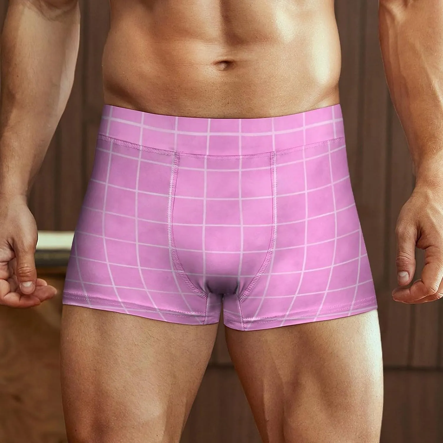 Hand Drawn Pink Grid Print Mens Underwear, Soft Boxers for Men, Moisture-Wicking Breathable Boxer Briefs