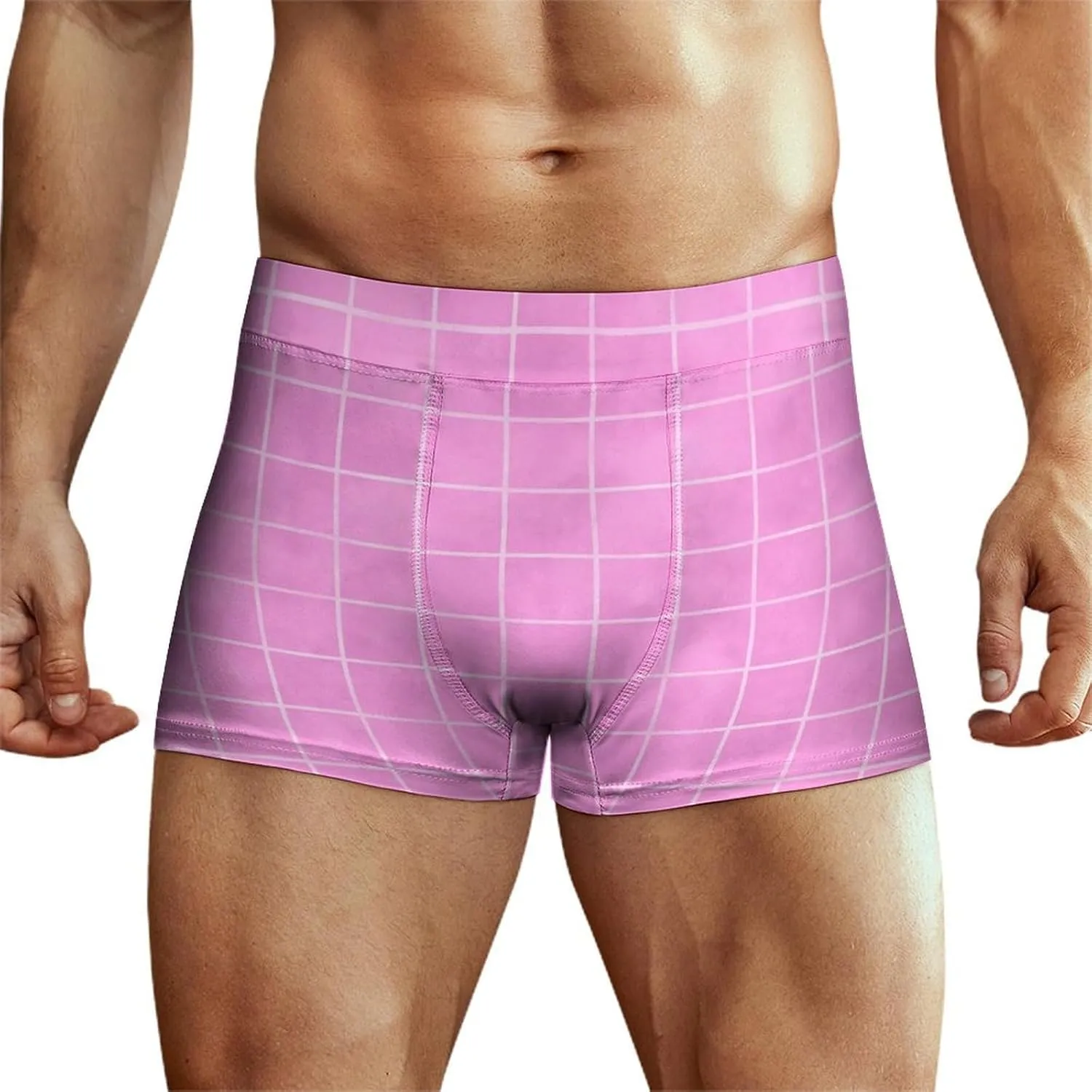 Hand Drawn Pink Grid Print Mens Underwear, Soft Boxers for Men, Moisture-Wicking Breathable Boxer Briefs