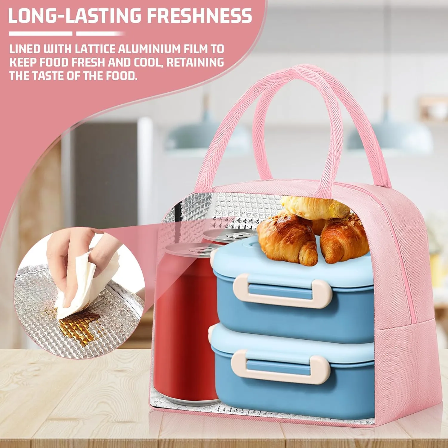 Insulated Lunch Bag for Men Women, Small Portable Reusable Lunch Cooler Tote Bag, Leakproof Thermal Lunch Box for Work Picnic Travel, Pink