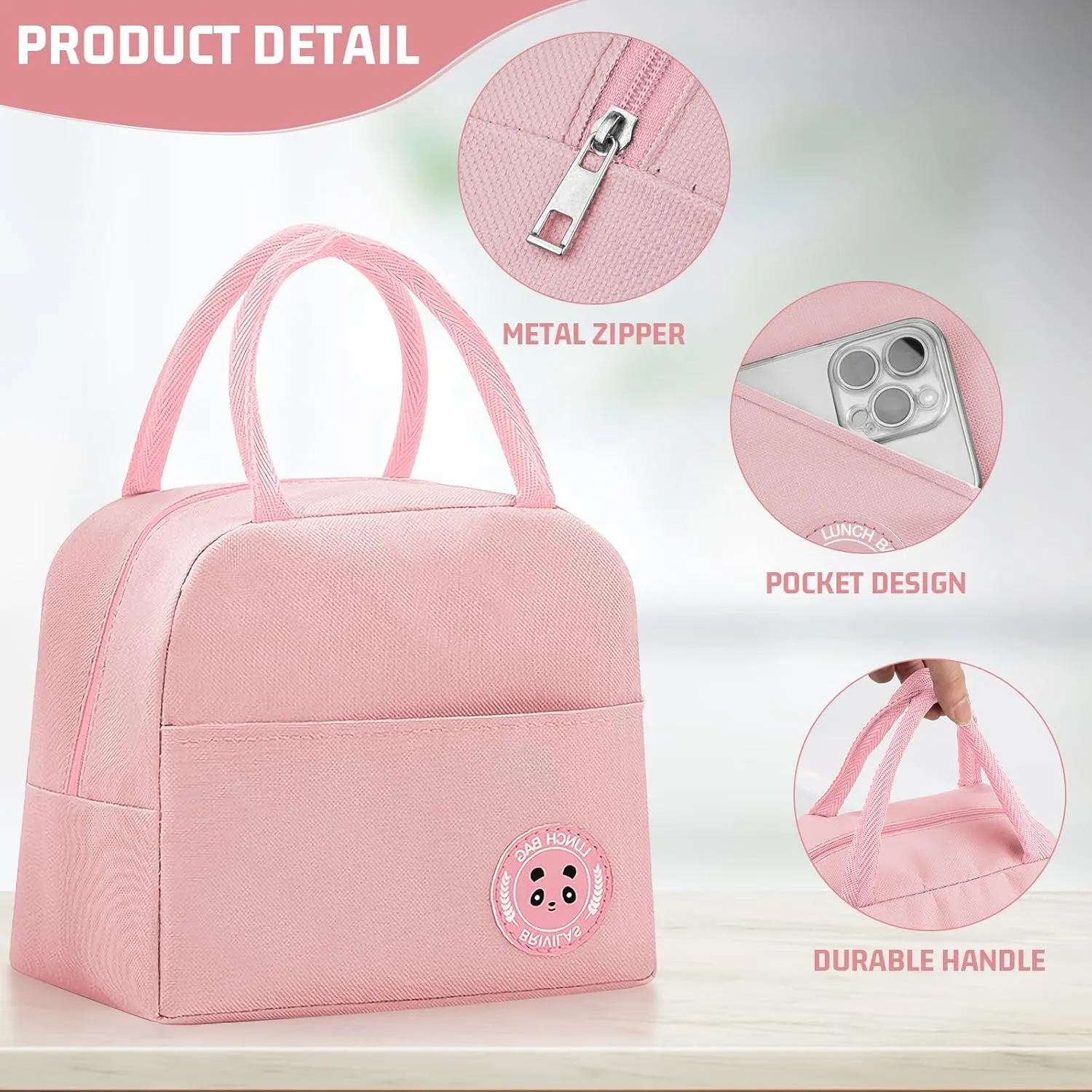 Insulated Lunch Bag for Men Women, Small Portable Reusable Lunch Cooler Tote Bag, Leakproof Thermal Lunch Box for Work Picnic Travel, Pink
