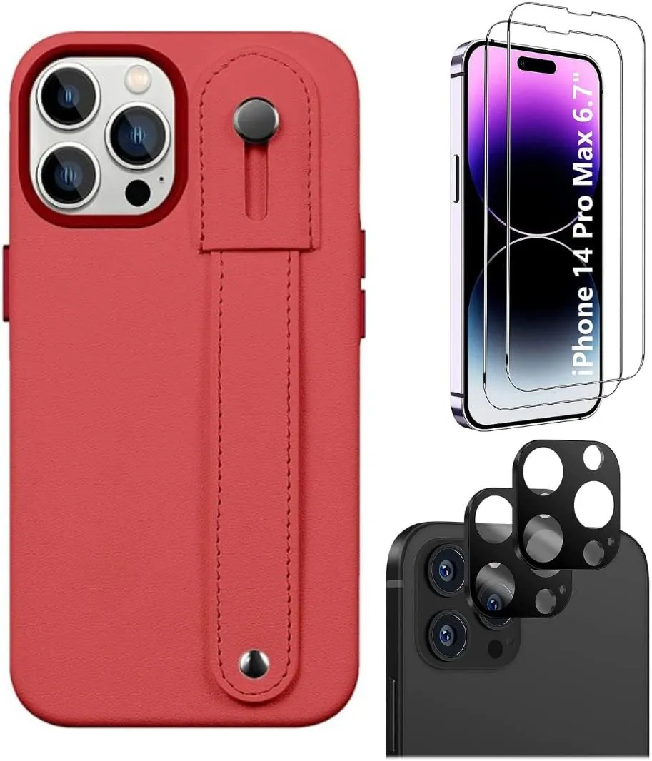 iPhone 14 Pro Max 6.7-inch Protection Kit Bundle - FingerGrip Series Case with Tempered Glass Screen and Camera Protector (Red)