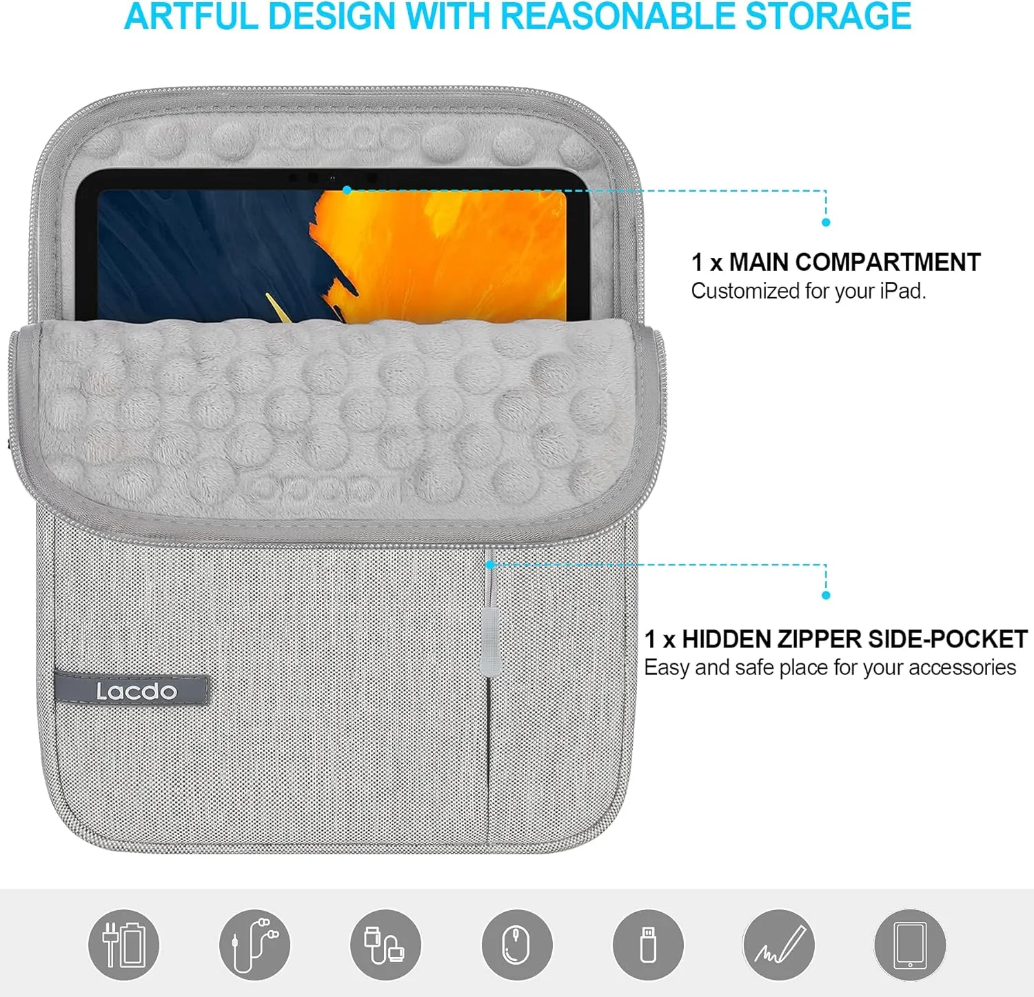 Lacdo iPad Mini 7 Sleeve, iPad Mini Case Bag, Tablet Sleeve Case for iPad Mini 7 (A17 Pro)/6/5/4/3/2, Samsung Galaxy Tab A7 Lite 8.7" / Galaxy Tab A 8.0" Protective Tablet Bag Water Repellent, Gray