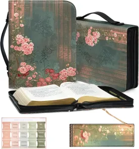 Large Waterproof PU Leather Bible Cover - Floral Print Bible Cover Case with Zipper, Pen Slots, Handle, Bookmark and Laminated Bible Tabs | Church Bag, Travel Organizer, Gifts for Christian