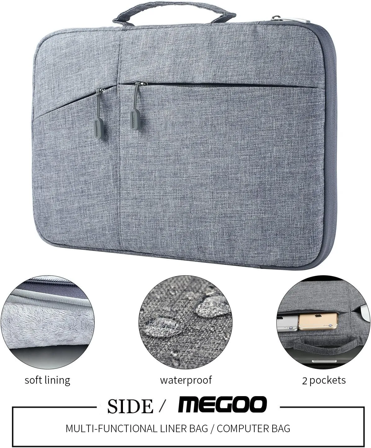 Megoo 12inch Laptop Sleeve Case with Accessory Pouch for Microsoft Surface Laptop Go 3/2 12.4", Pro 7 /7/6/5/4/3 12.5", Carry Case for 11"-12.5" Chromebook Tablet(Gray with Charger Case)