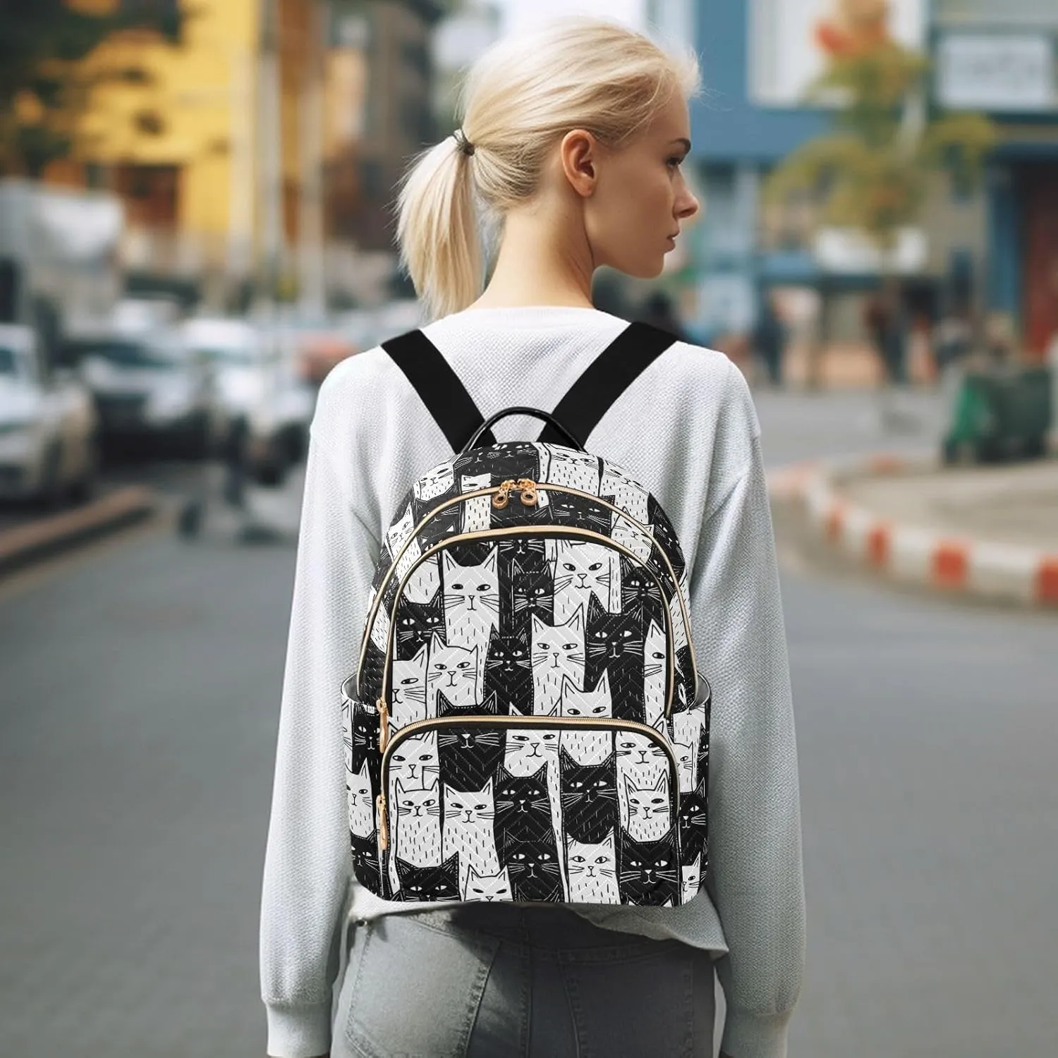 Mini Backpack Purse for Women, Black White Cats Travel Bag Casual Daypack Shoulder Bag