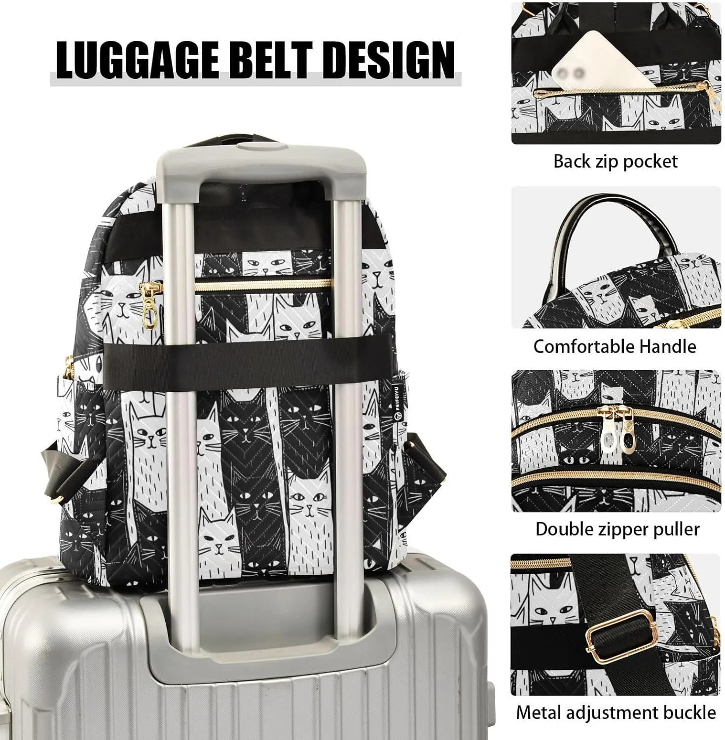 Mini Backpack Purse for Women, Black White Cats Travel Bag Casual Daypack Shoulder Bag