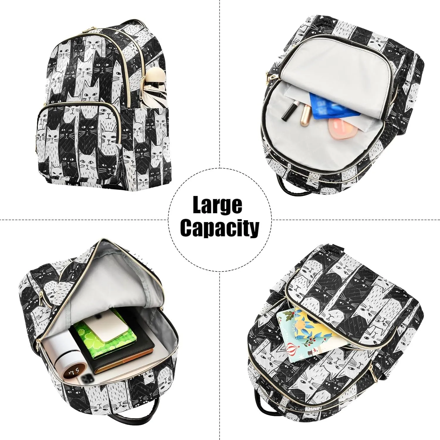 Mini Backpack Purse for Women, Black White Cats Travel Bag Casual Daypack Shoulder Bag