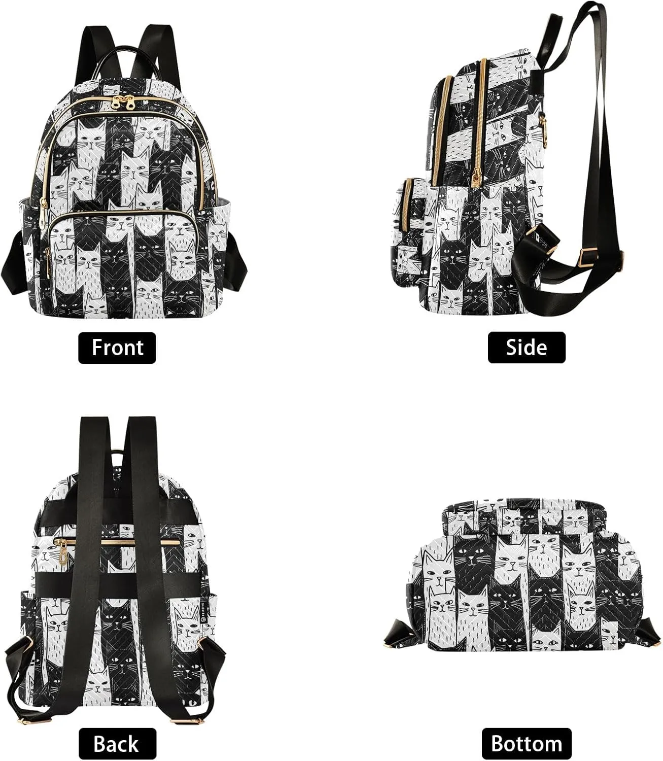 Mini Backpack Purse for Women, Black White Cats Travel Bag Casual Daypack Shoulder Bag