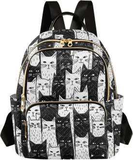 Mini Backpack Purse for Women, Black White Cats Travel Bag Casual Daypack Shoulder Bag