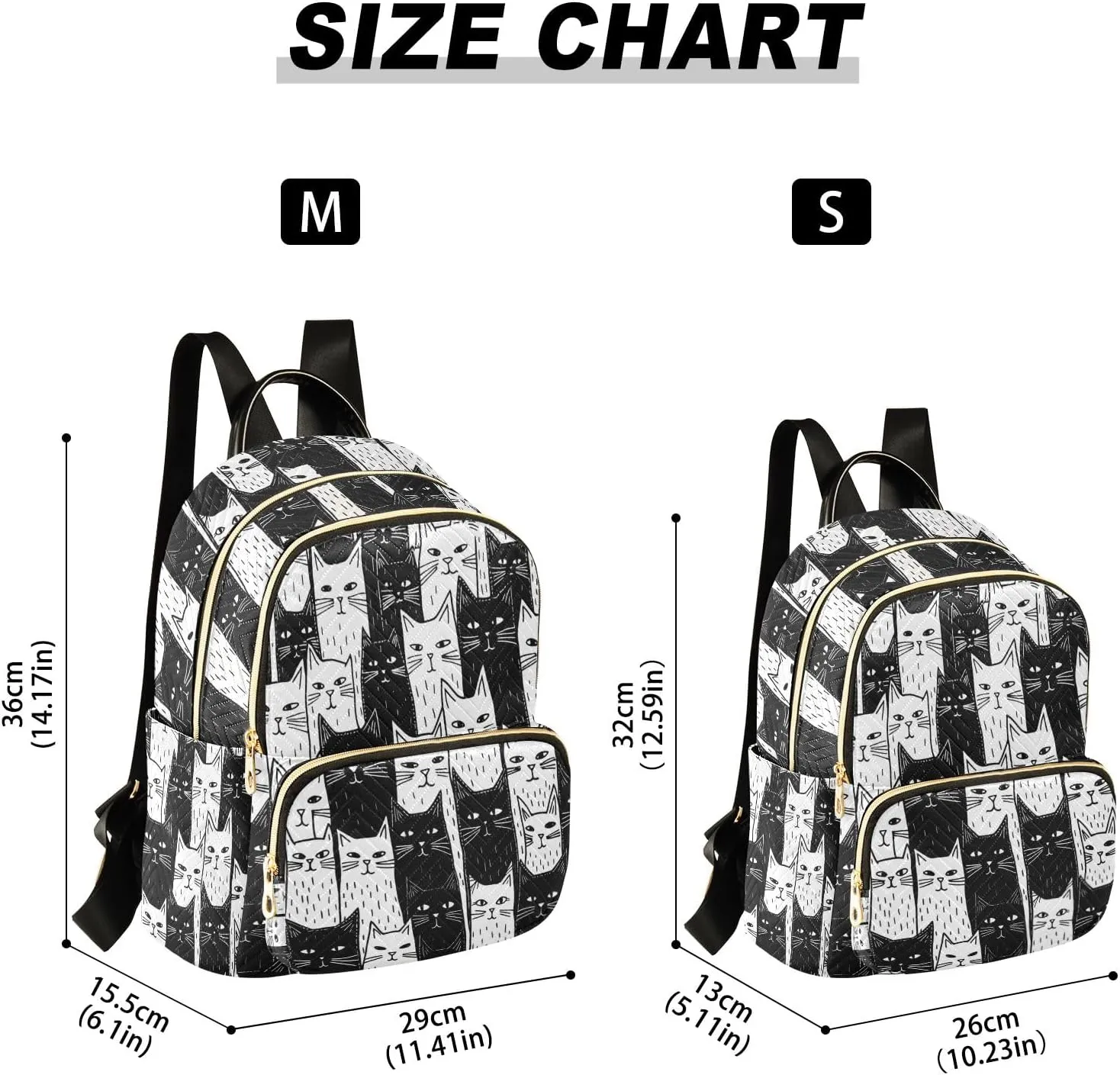 Mini Backpack Purse for Women, Black White Cats Travel Bag Casual Daypack Shoulder Bag