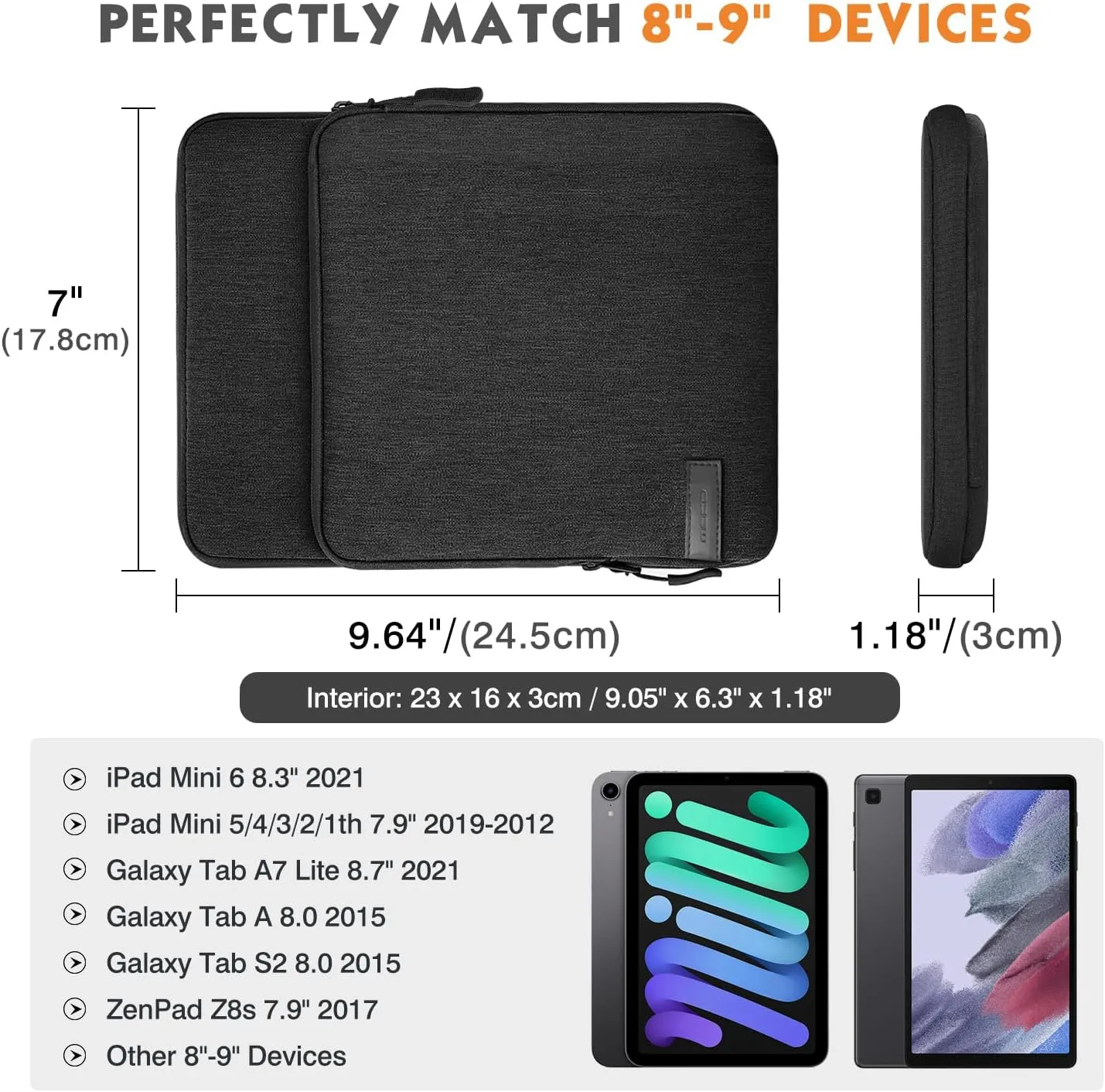 MoKo 8-9 Inch Tablet Sleeve Bag Carrying Case with Storage Pockets Fits New iPad Mini (A17 Pro) 8.3" 2024, iPad Mini 6/5/4/3/2/1th 8.3"/7.9" 2021-2012, Galaxy Tab A7 Lite 8.7" 2021, Black & Gray