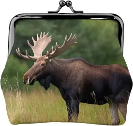 Moose in the Meadow Print PU Leather Coin Purse, Portable Mini Kiss-lock Change Purse Coin Wallets for Women Men, Keys
