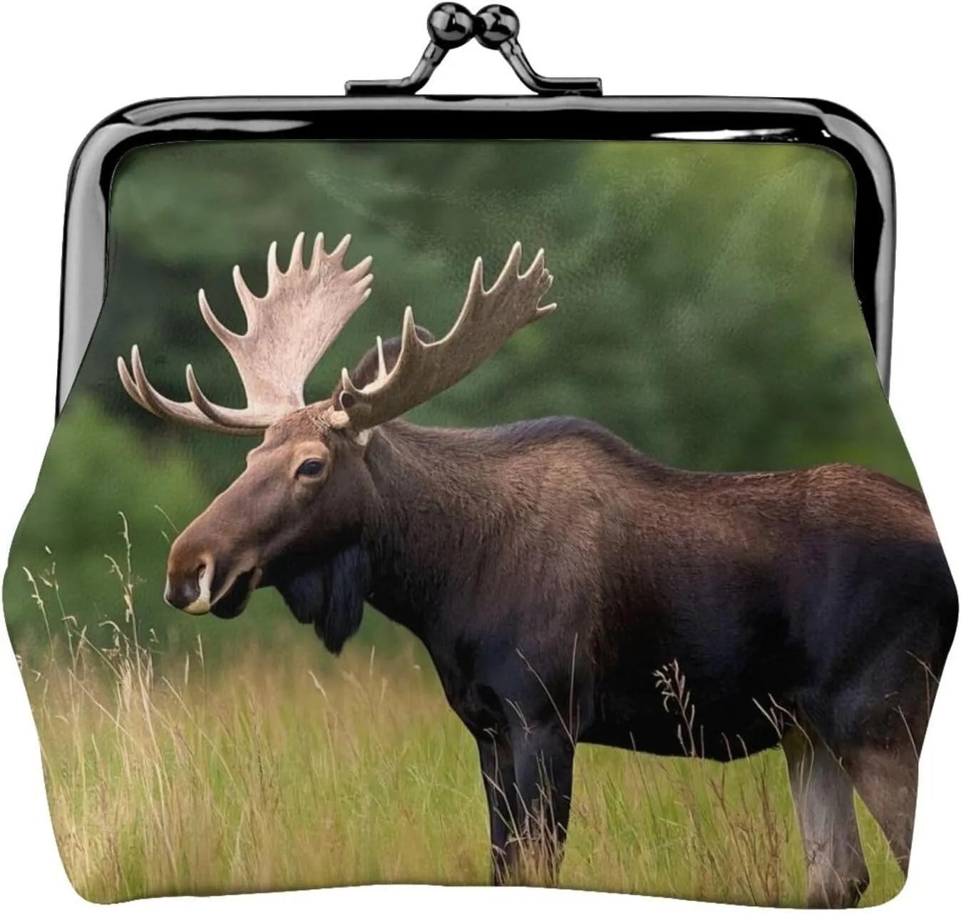 Moose in the Meadow Print PU Leather Coin Purse, Portable Mini Kiss-lock Change Purse Coin Wallets for Women Men, Keys