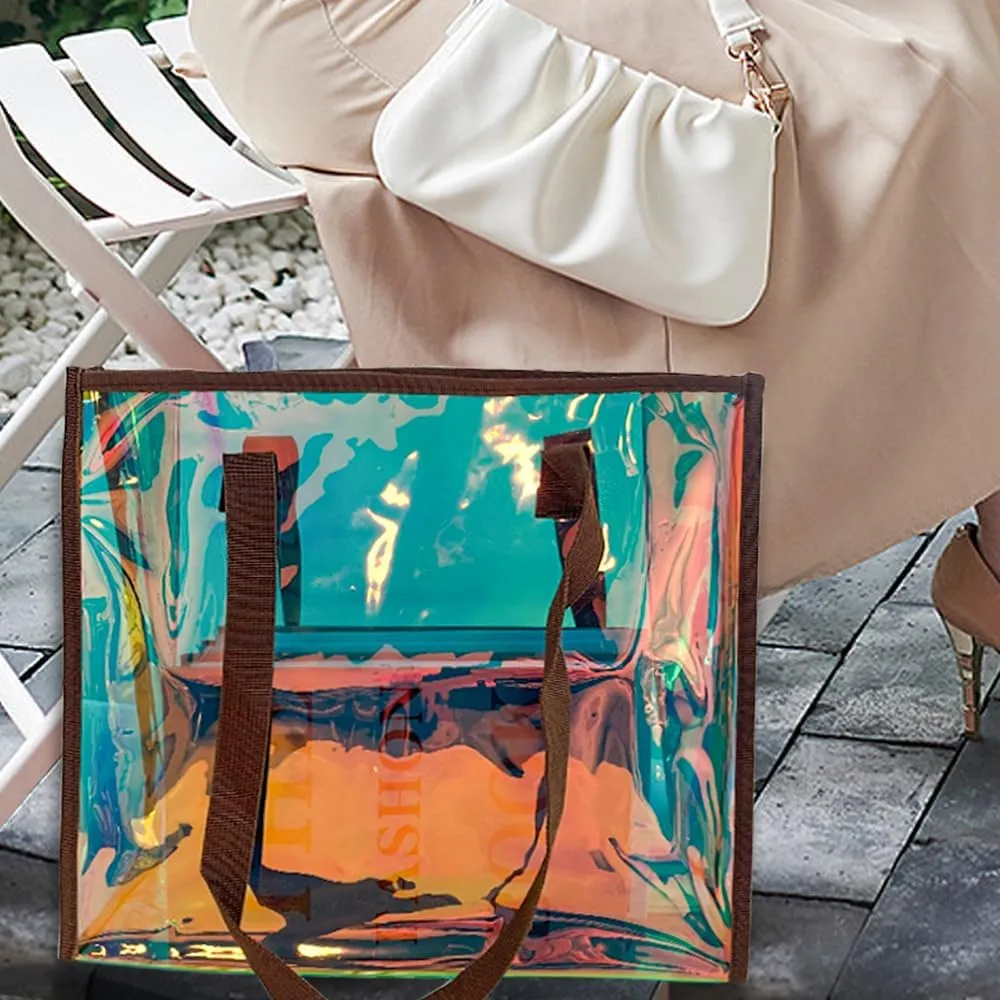 ONEART Iridescent Clear Tote Bag, Fashion Holographic Waterproof Beach Bag, Shoulder Handbag for Shopping, Gym, Travel
