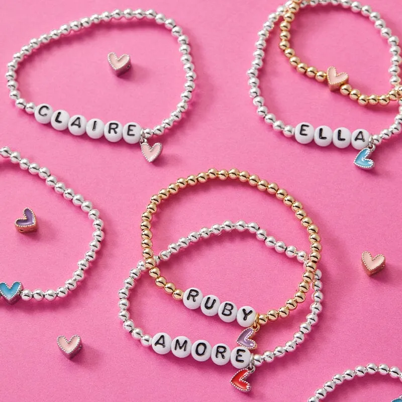Personalized Letter Bead Stretch Bracelet with Pink Heart Charm