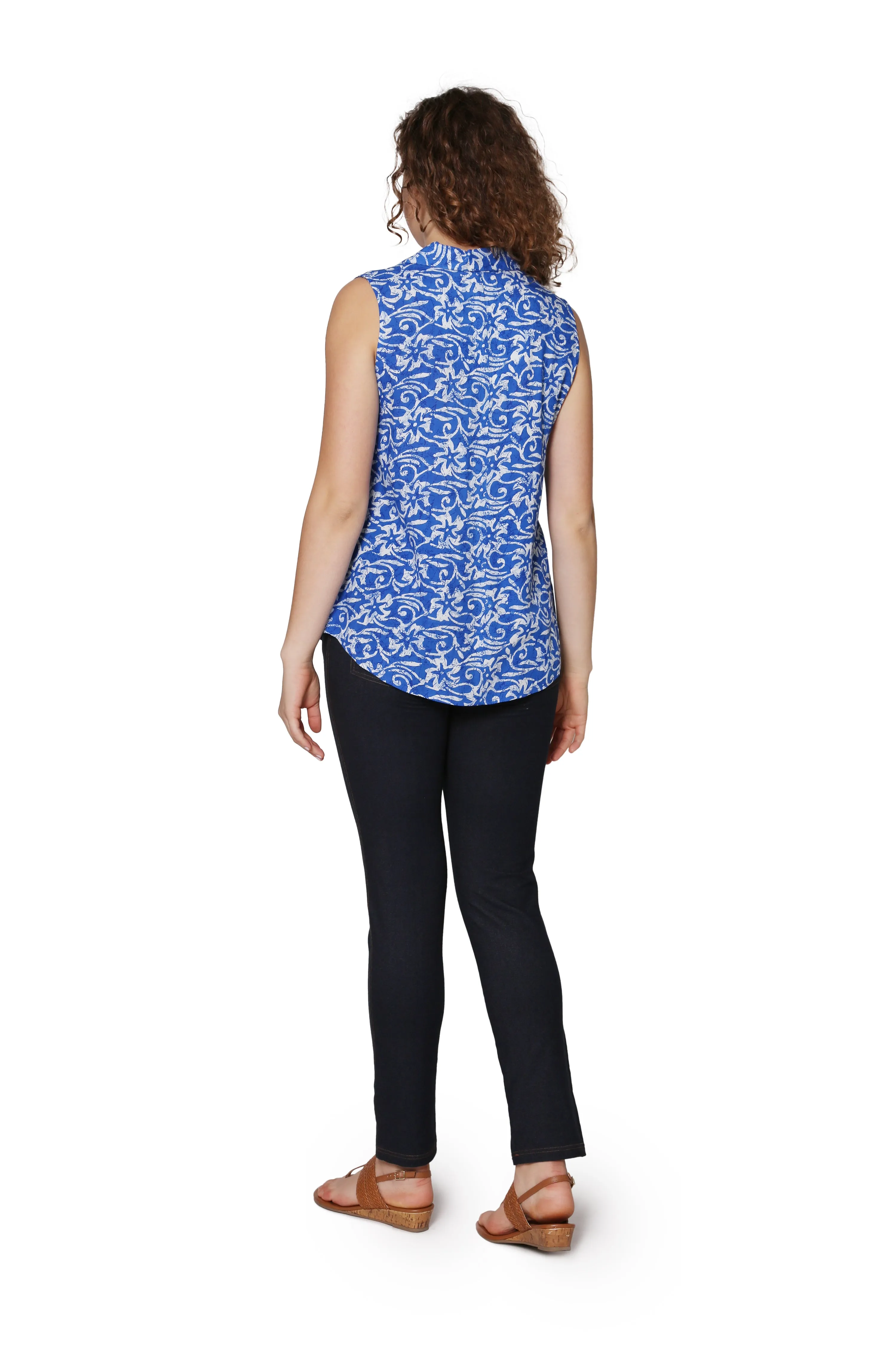 Printed Rayon Sleeveless Button Front Top