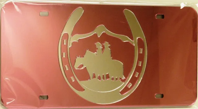 "Cowboy Couple/Horseshoe" Western Mirrored License Plate Pink Dark