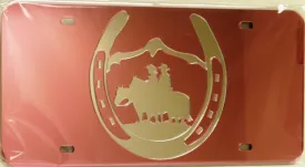 "Cowboy Couple/Horseshoe" Western Mirrored License Plate Pink Dark